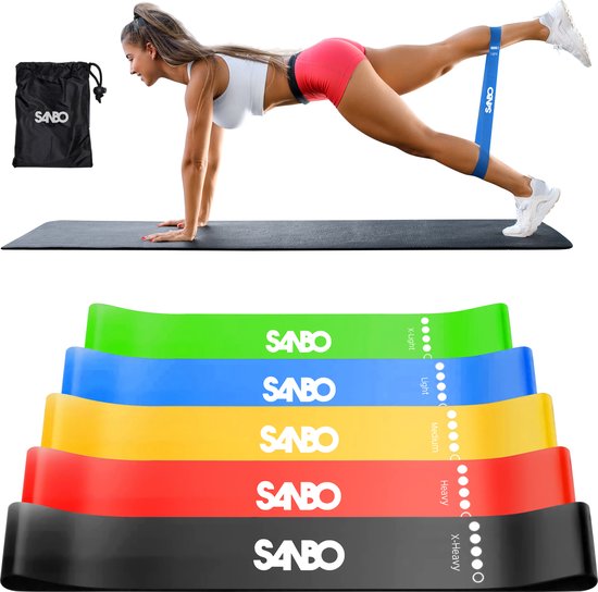 Sanbo Weerstandsbanden set van 5 stuks - Extra sterk tot 18kg - 5 Kleuren - Incl. Opbergzakje - 100% Natuurlijk Latex - Resistance band set - Fitness Elastiek - Booty Band Builder