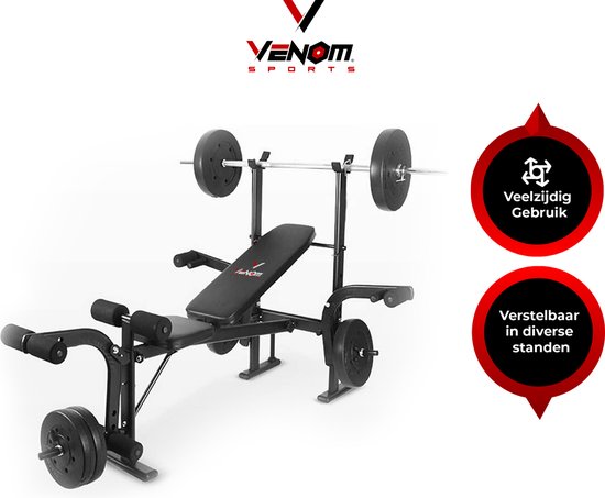 Venom Sports halterbank – Fitnessbank – Verstelbare rugleuning – Uiterst geschikt voor gewichten – Incl. Beenhouder – Zachte handgrepen – PU kussens – Triangel structuur – Inklapbaar - Zwart - 182x116x112cm